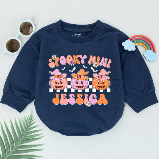 Personalized Spooky Mini Baby Romper First Halloween Girl Outfit Retro Pink Orange Pumpkin Witch Hat Checkered Baby Shower Gift Cute Fall Spooky Season Gift Newborn