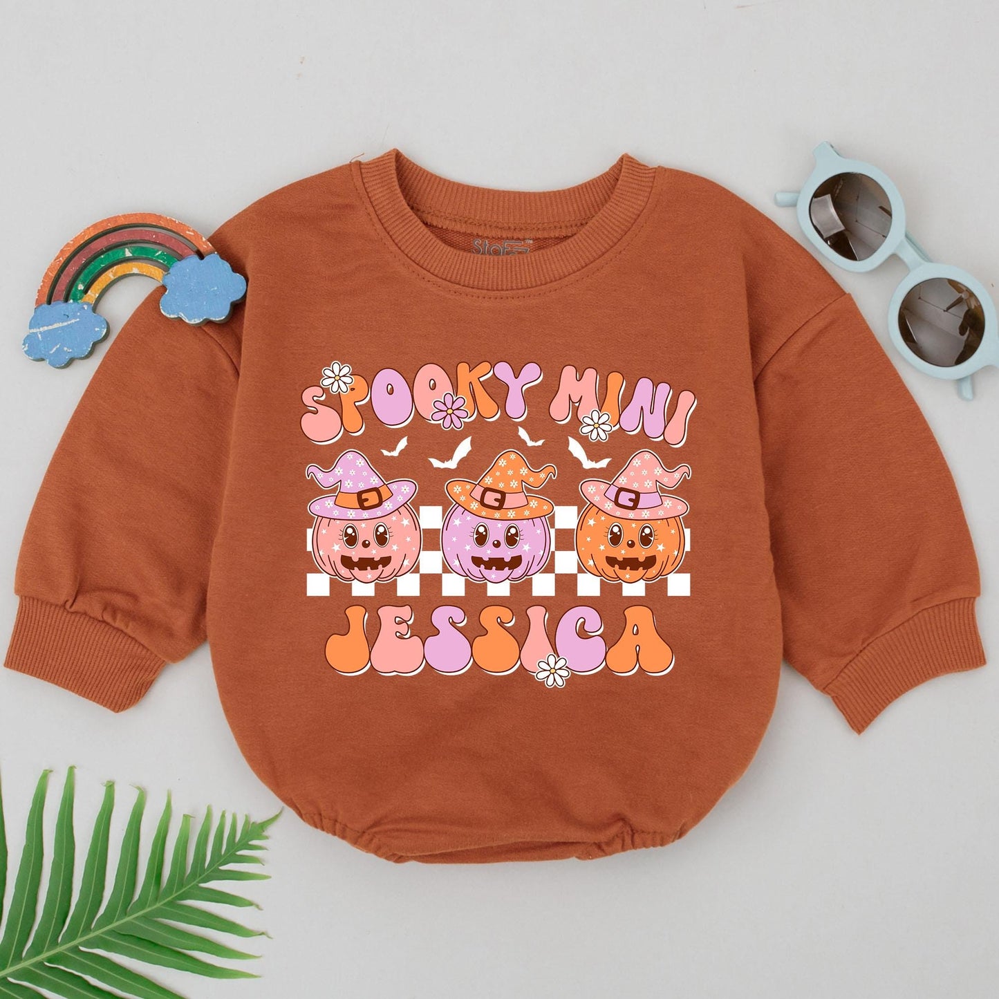 Personalized Spooky Mini Baby Romper First Halloween Girl Outfit Retro Pink Orange Pumpkin Witch Hat Checkered Baby Shower Gift Cute Fall Spooky Season Gift Newborn