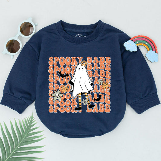 Spooky Babe Ghost Romper - First Halloween Baby Outfit for Girls, Retro Orange Design, Cute & Playful Fall Baby Shower Gift