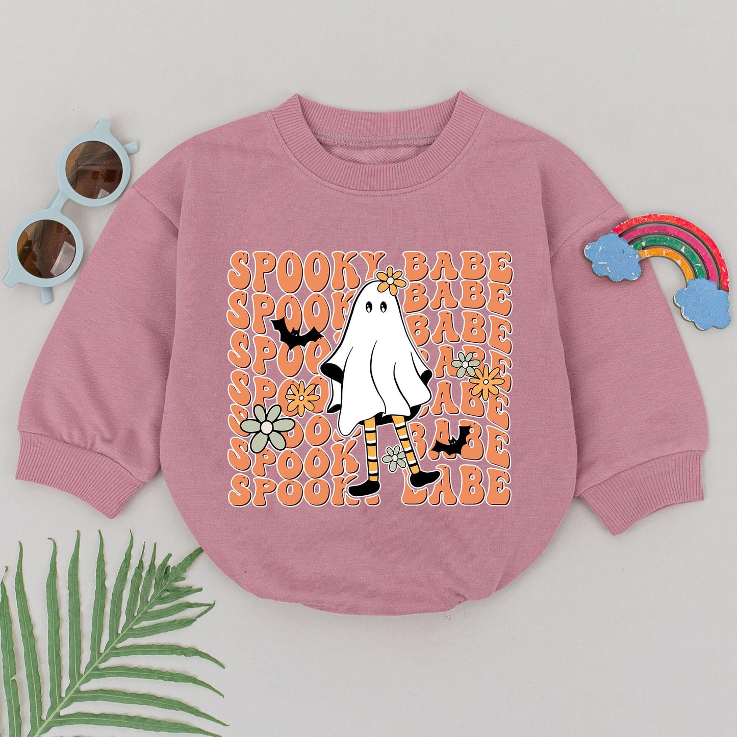 Spooky Babe Ghost Romper - First Halloween Baby Outfit for Girls, Retro Orange Design, Cute & Playful Fall Baby Shower Gift