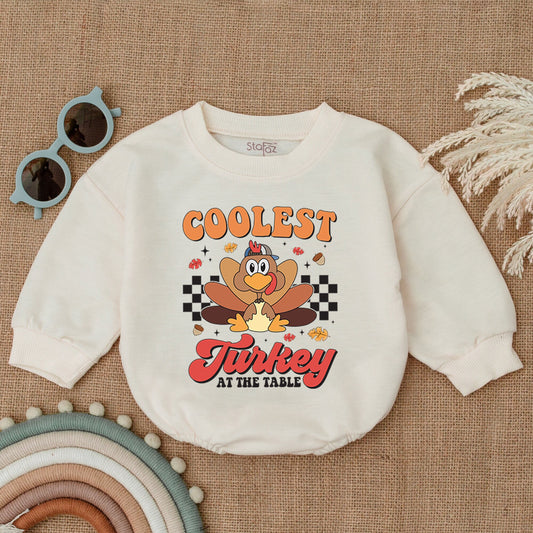 Coolest Turkey at the Table Bubble Romper Vintage Fall Baby Outfit Thanksgiving Outfit Toddler Infant Clothes Acorn Leaf Design