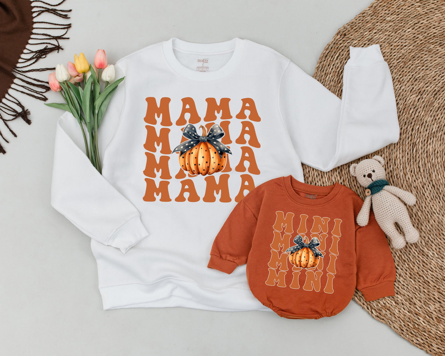 Matching Pumpkin Spice Sweatshirts for Mom and Baby Halloween Fun