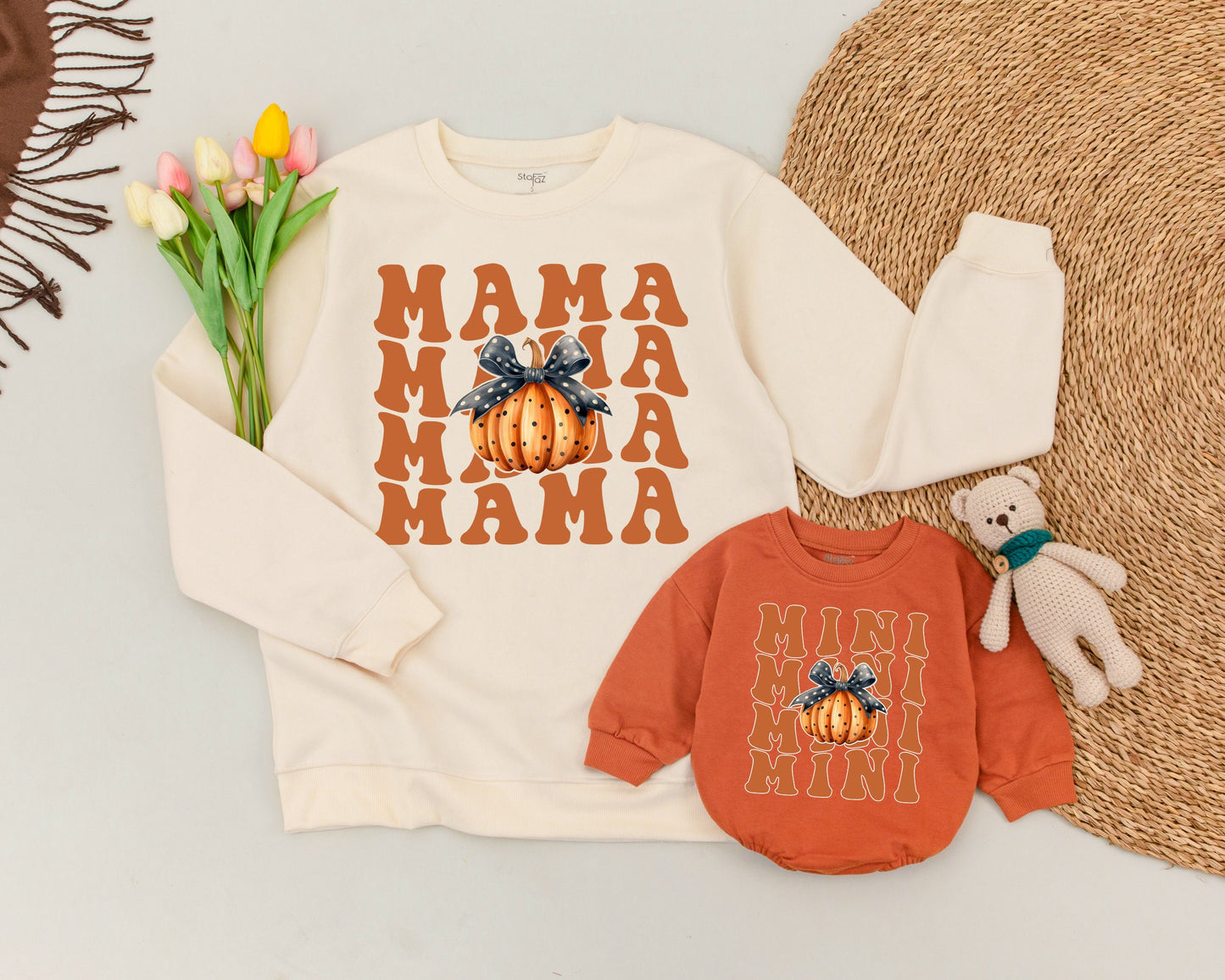 Matching Pumpkin Spice Sweatshirts for Mom and Baby Halloween Fun