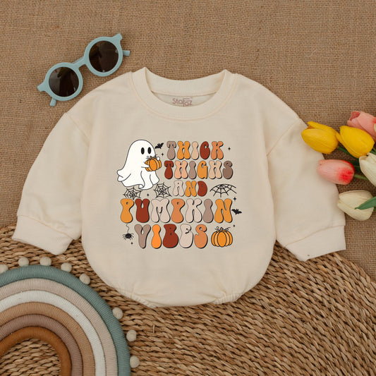 Pumpkin Vibes Baby Romper, Thick Thighs Halloween Ghost Bodysuit, Funny Fall Outfit, Spooky Season Baby Shower Gift, Cute Trick or Treat Costume 138 Chars