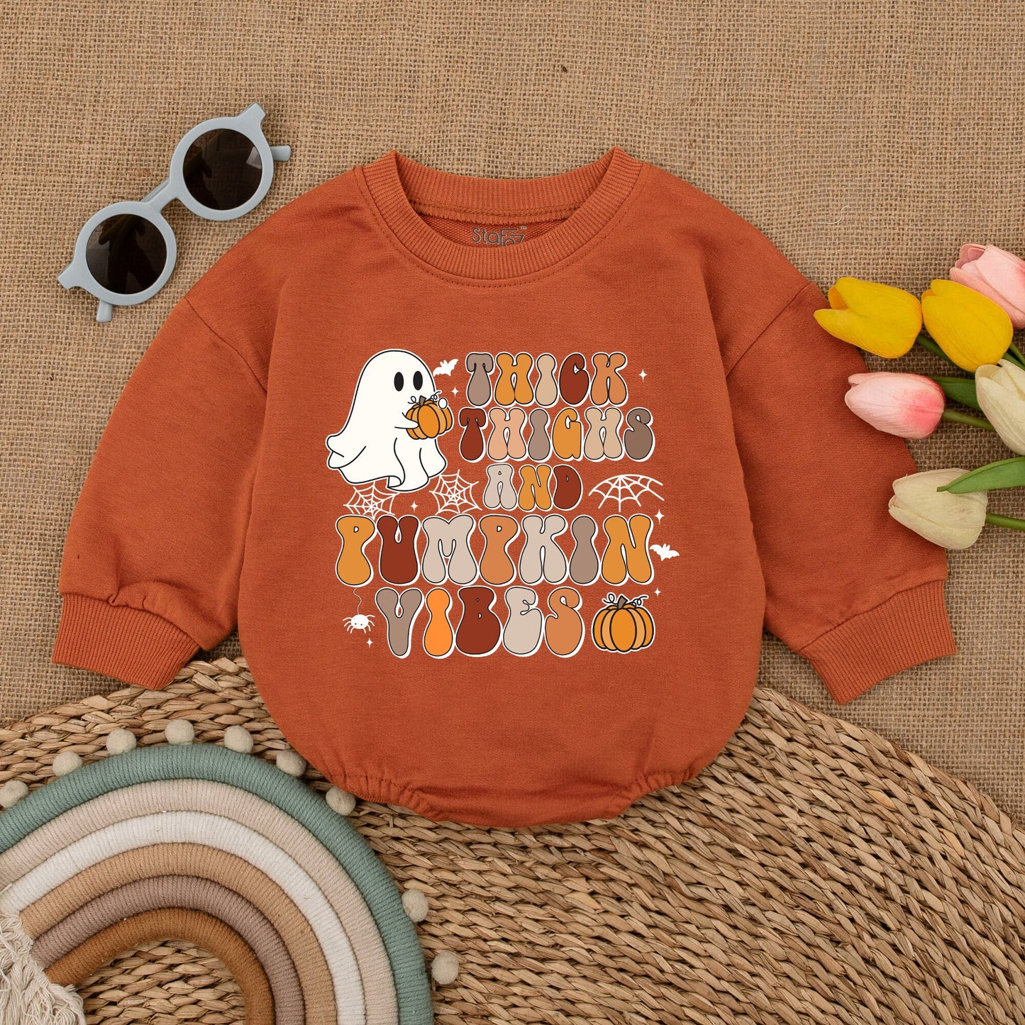 Pumpkin Vibes Baby Romper, Thick Thighs Halloween Ghost Bodysuit, Funny Fall Outfit, Spooky Season Baby Shower Gift, Cute Trick or Treat Costume 138 Chars