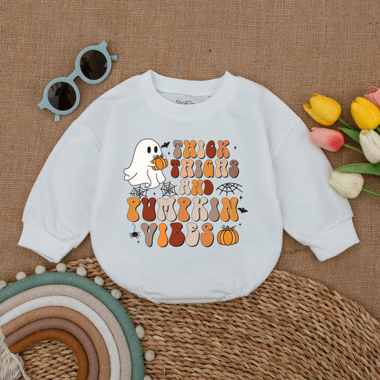 Pumpkin Vibes Baby Romper, Thick Thighs Halloween Ghost Bodysuit, Funny Fall Outfit, Spooky Season Baby Shower Gift, Cute Trick or Treat Costume 138 Chars