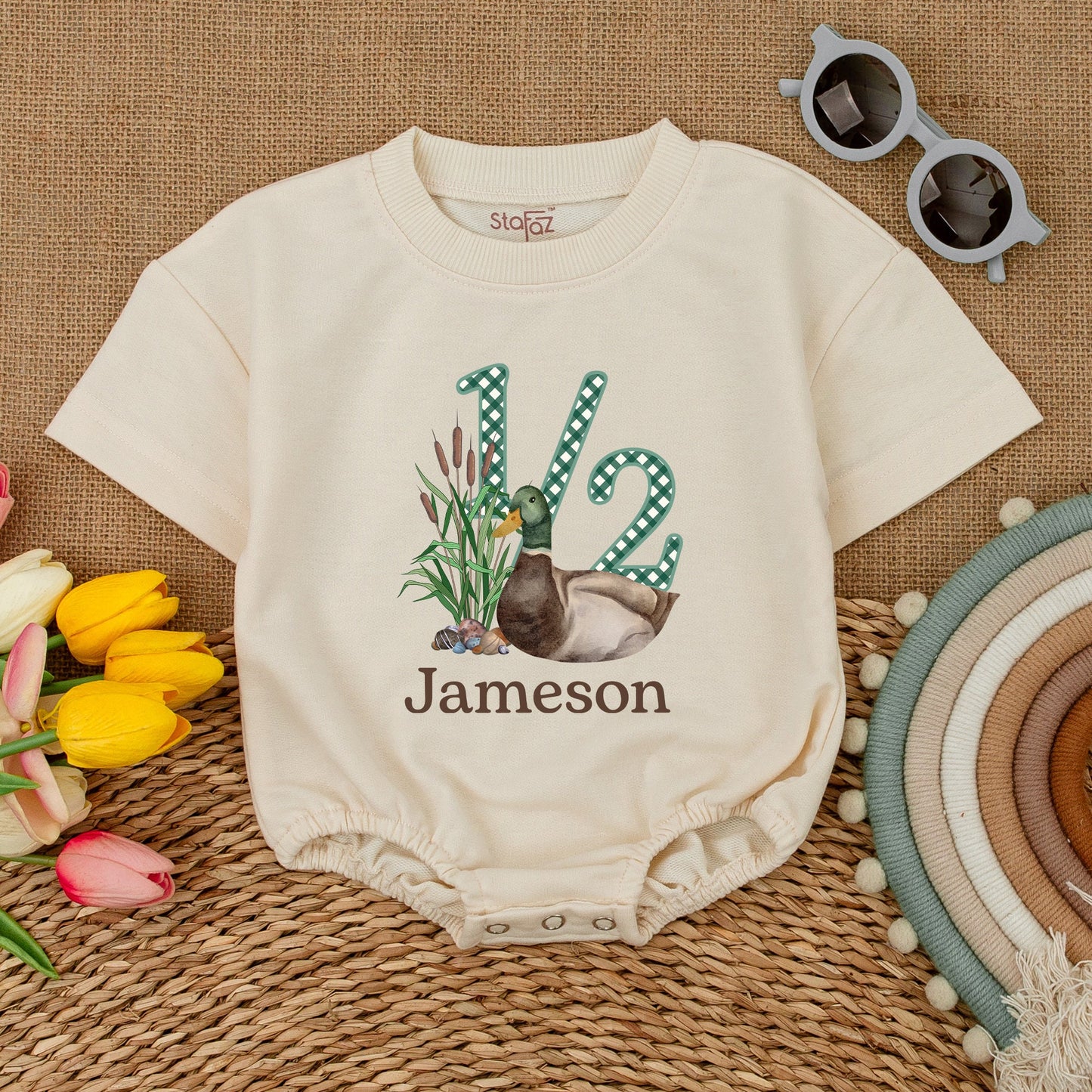 Lucky Duck Baby Romper: Mallard Bodysuit for Half Birthdays