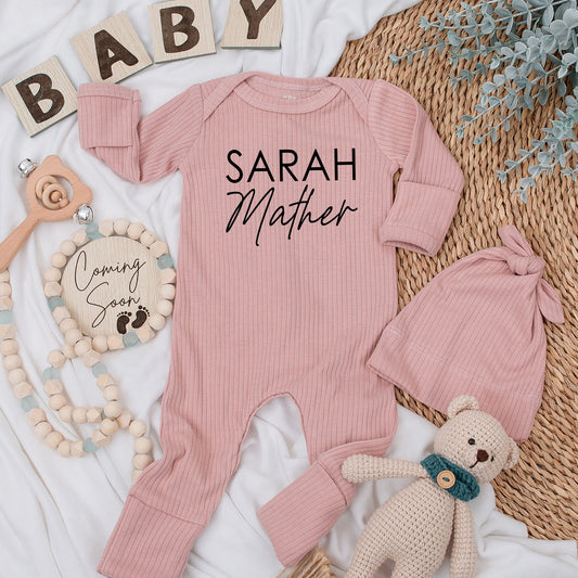 Personalized Baby Romper Sarah Mather Name Black Script Modern Soft Going Home Outfit Newborn Gift Baby Shower