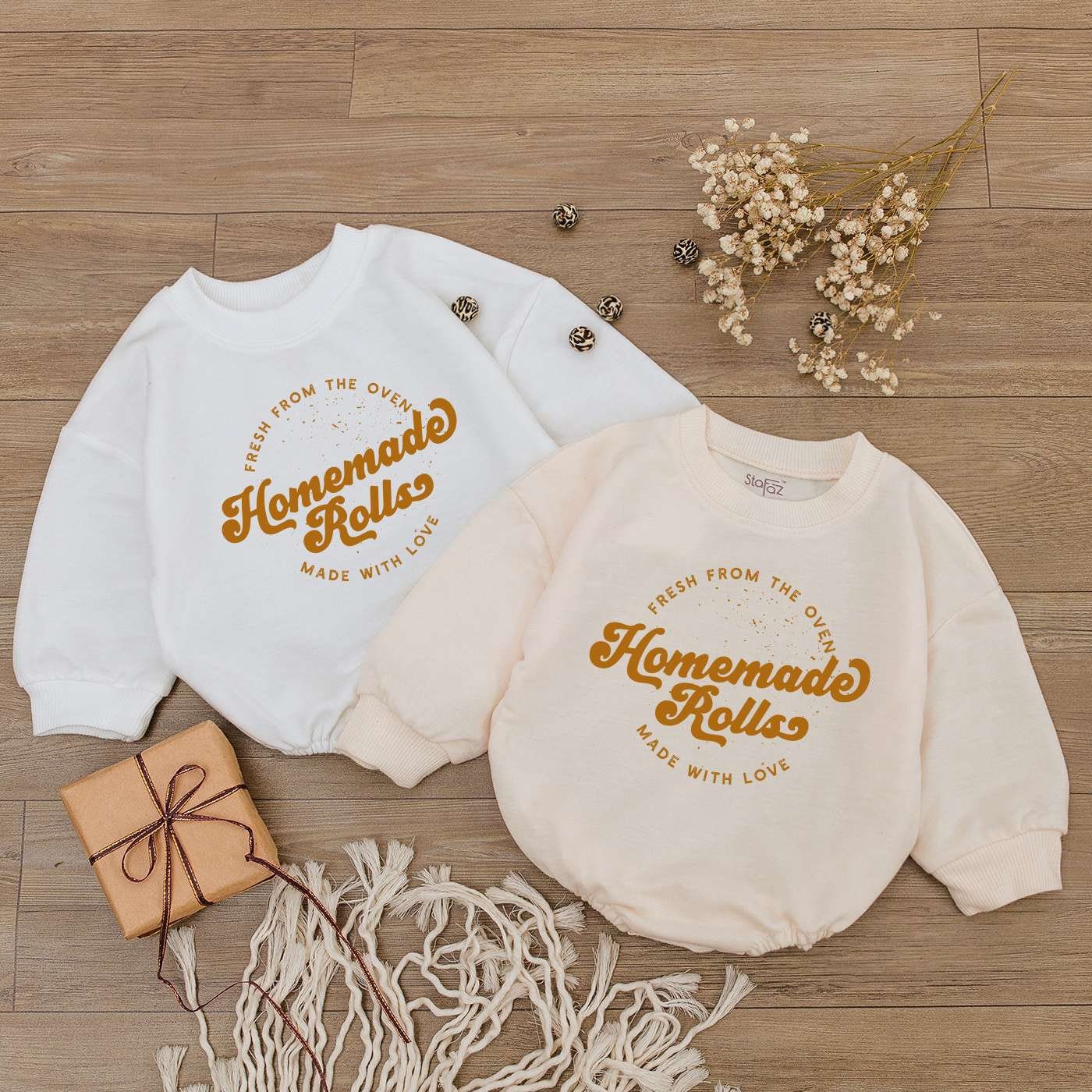 Fresh From the Oven Baby Romper Homemade Rolls Thanksgiving Outfit Retro Fall Toddler Sweater Funny Autumn Kids Clothes Made with Love Baby Shower Gift (138 chars)