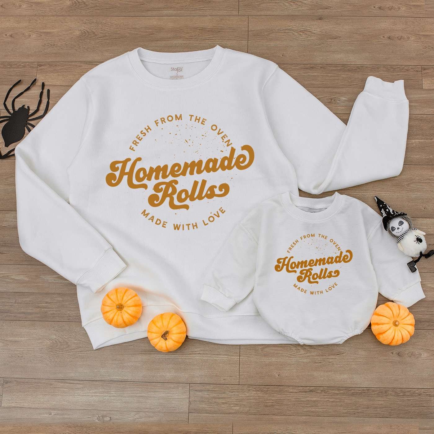 Fresh From the Oven Baby Romper Homemade Rolls Thanksgiving Outfit Retro Fall Toddler Sweater Funny Autumn Kids Clothes Made with Love Baby Shower Gift (138 chars)