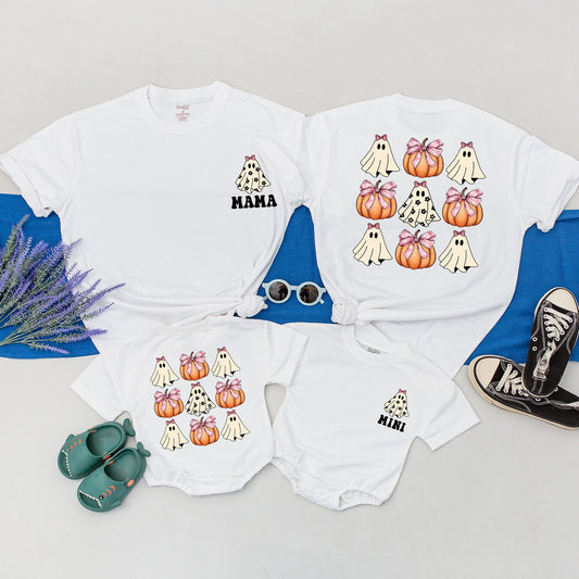Cute Pumpkin & Ghost Mama Mini Halloween Shirt with Pink Bows Fall Thanksgiving Outfit Mommy and Me Matching Family