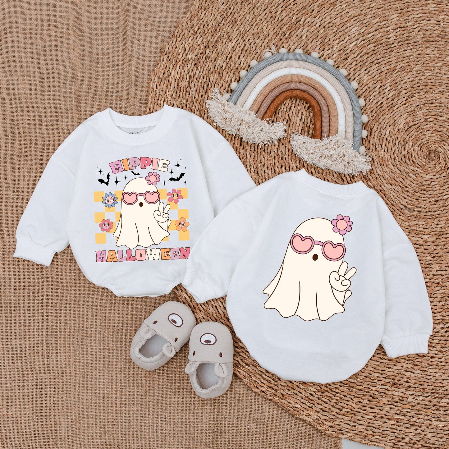 Retro Ghost Halloween Baby Girl Clothes Heart Sunglasses Bodysuit Vintage Flowers Stars Bats Romper First Halloween Outfit