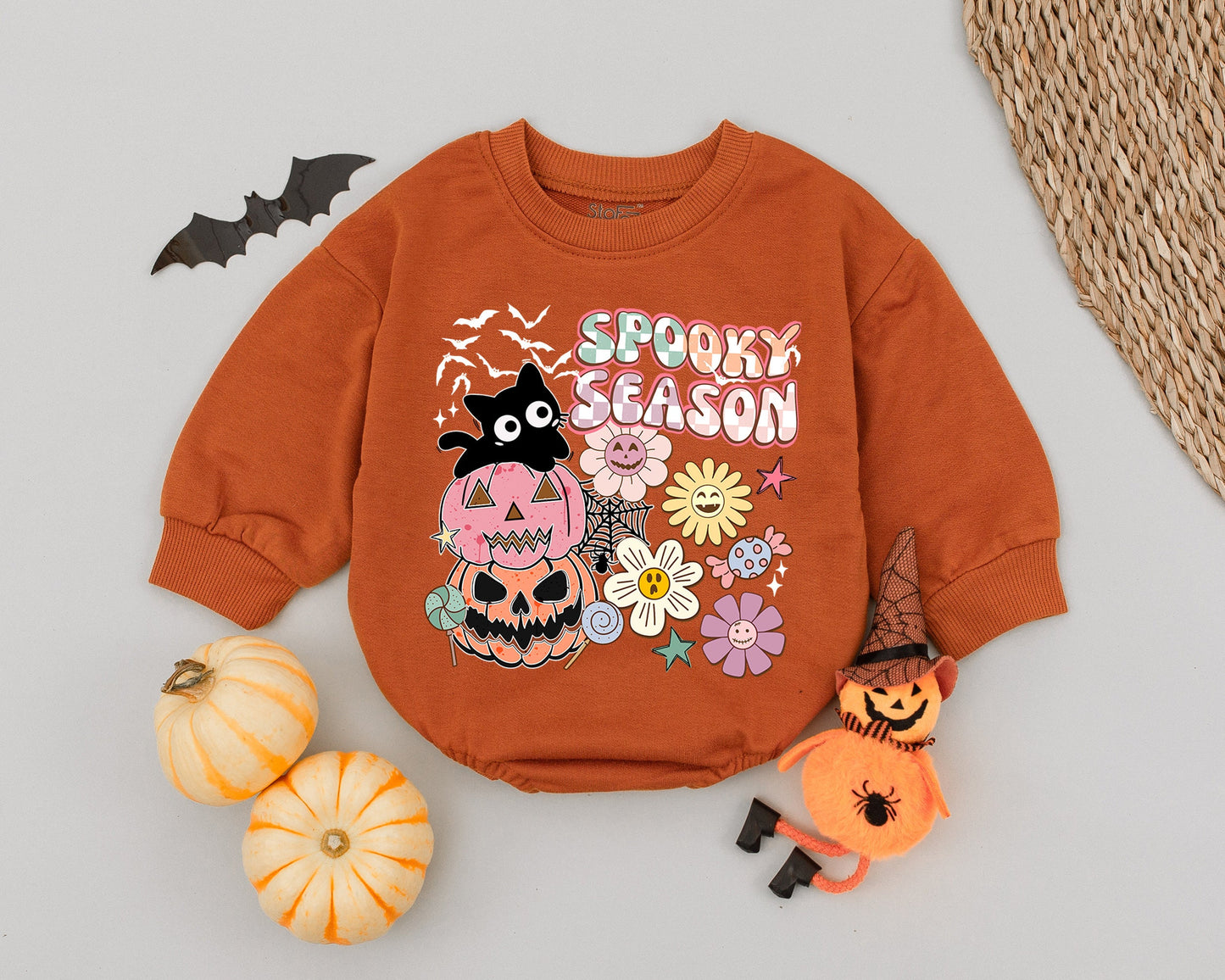 Spooky Season Pumpkin Cat Baby Romper Cute Halloween Outfit Toddler Fall Clothes Newborn Bodysuit Bubble Romper Pastel Flowers Candy Spiderweb Bat Silhouettes