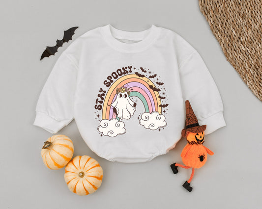Groovy Spooky Baby Romper - Pastel Rainbow Ghost Halloween Outfit - Retro Fall Baby Clothes - Cute Newborn Gift