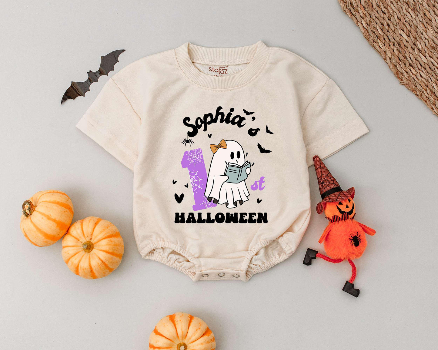 William's Spooky First Halloween Romper Cute Ghost Witch Hat Retro Design Baby Boy Girl Outfit Toddler Custom Name Gift Outfit 135