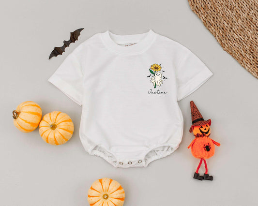 Personalized Little Boo Romper, Spooky Cute Ghost & Sunflower Halloween Outfit, Custom Name Bodysuit, Retro Fall Baby Clothes, My First Halloween 138