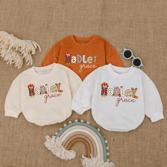 Personalized Thanksgiving Baby Outfit for Hadley & Grace, Turkey Romper, Fall Baby Clothes, Pumpkin, Leaves, & Geometric Design, 1st Holiday