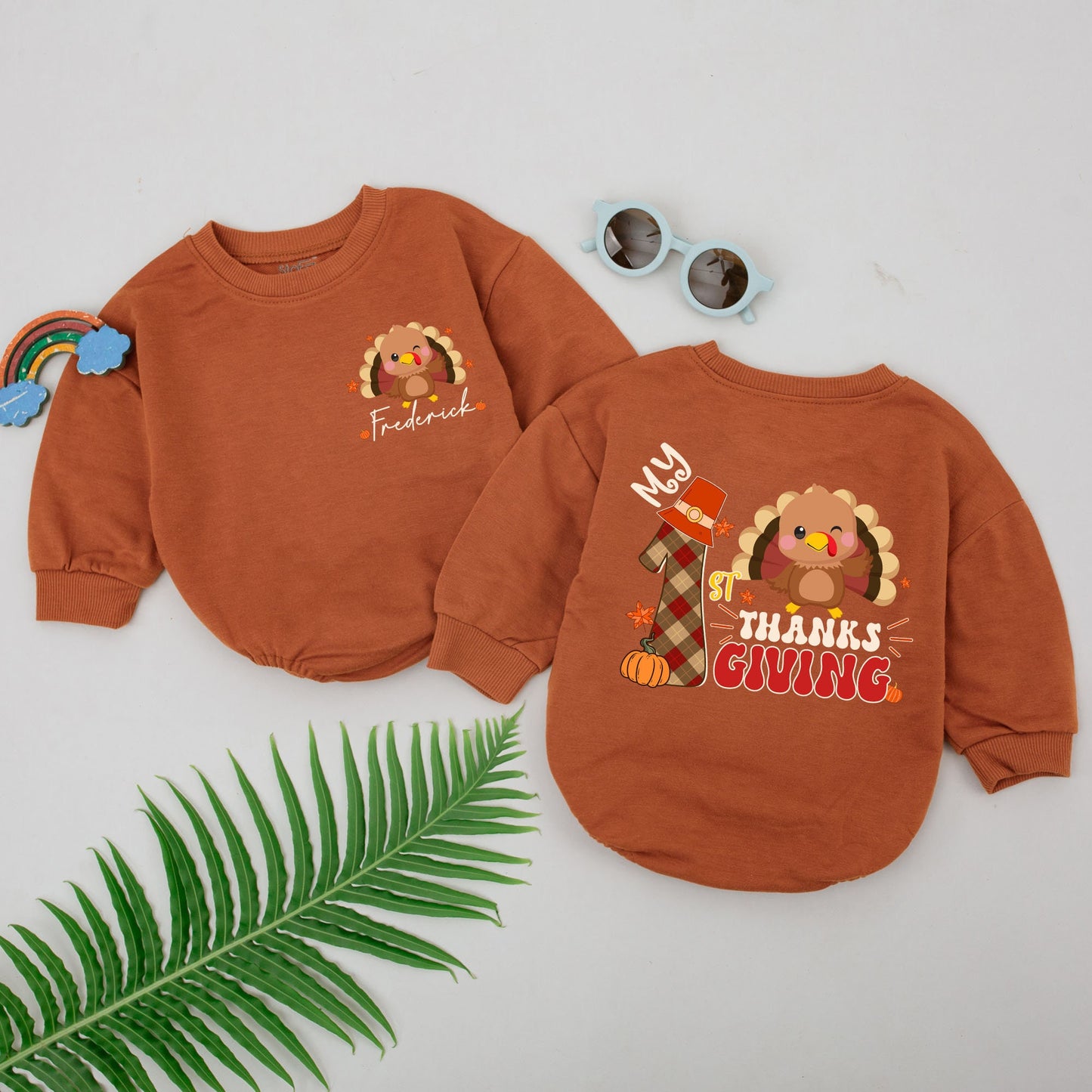 Personalized My 1st Thanksgiving Romper, Winking Turkey Baby Outfit, Fall Leaves, Thanksgiving Day Coming Home Gift, Modern Cartoon Style, Custom Name 139