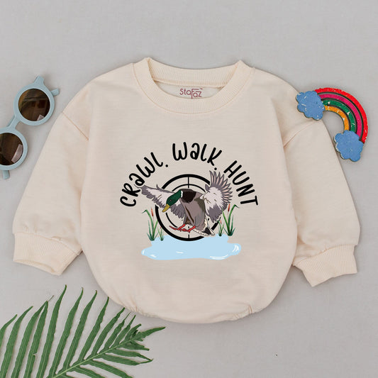 Crawl Walk Hunt Baby Romper Cartoon Mallard Duck Newborn Outfits Girls Boys Gift for Duck Hunting Enthusiasts Little Hunter Bodysuit with Soft Design