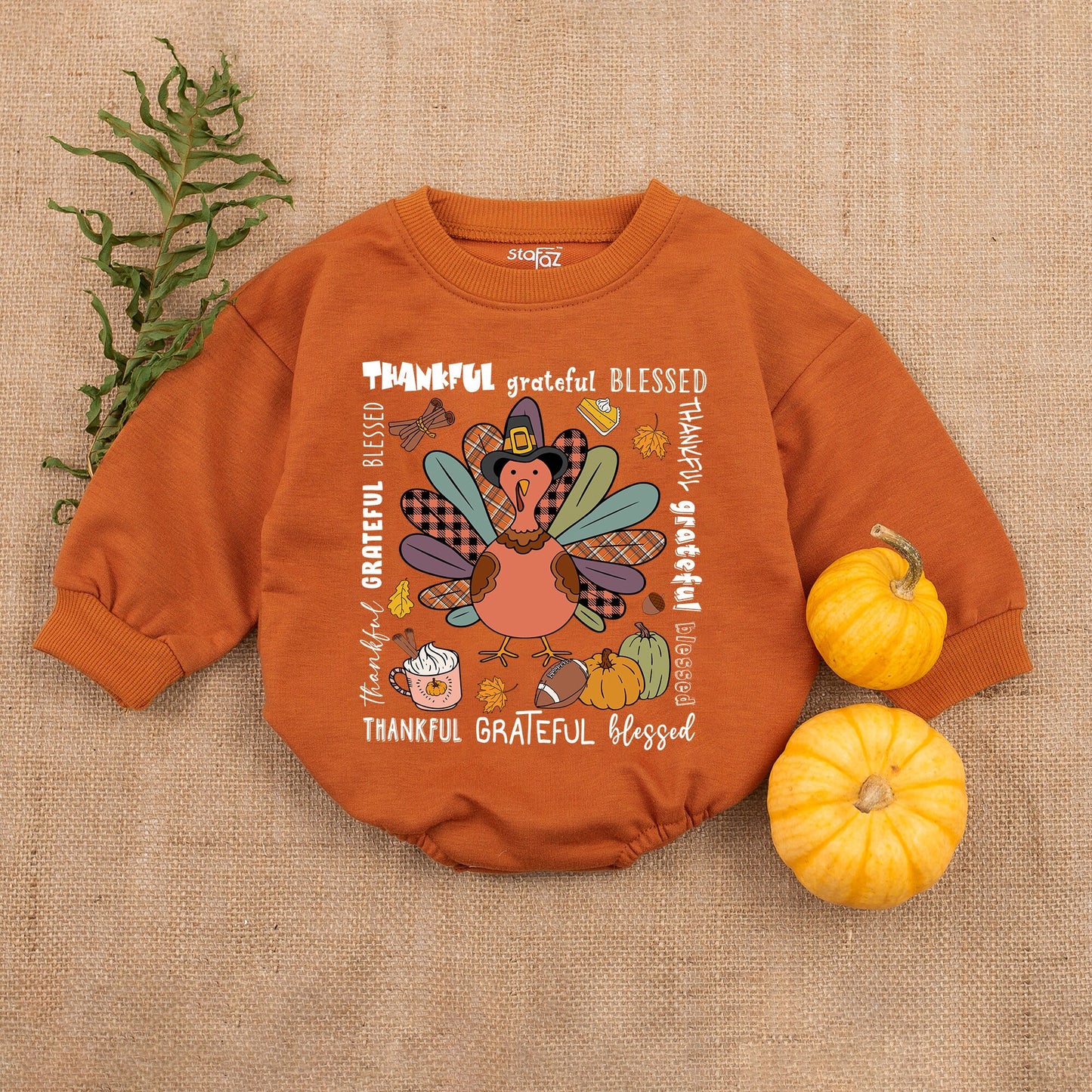 Thankful Grateful Blessed Cartoon Turkey Baby Romper Cute Thanksgiving Outfit Girl Infant Clothes Festive Fall Baby Shower Gift Bodysuit