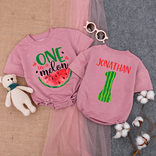 One in a Melon Birthday Romper for Baby Girl Watercolor Watermelon Slice First Birthday Outfit Cute Summer Celebration