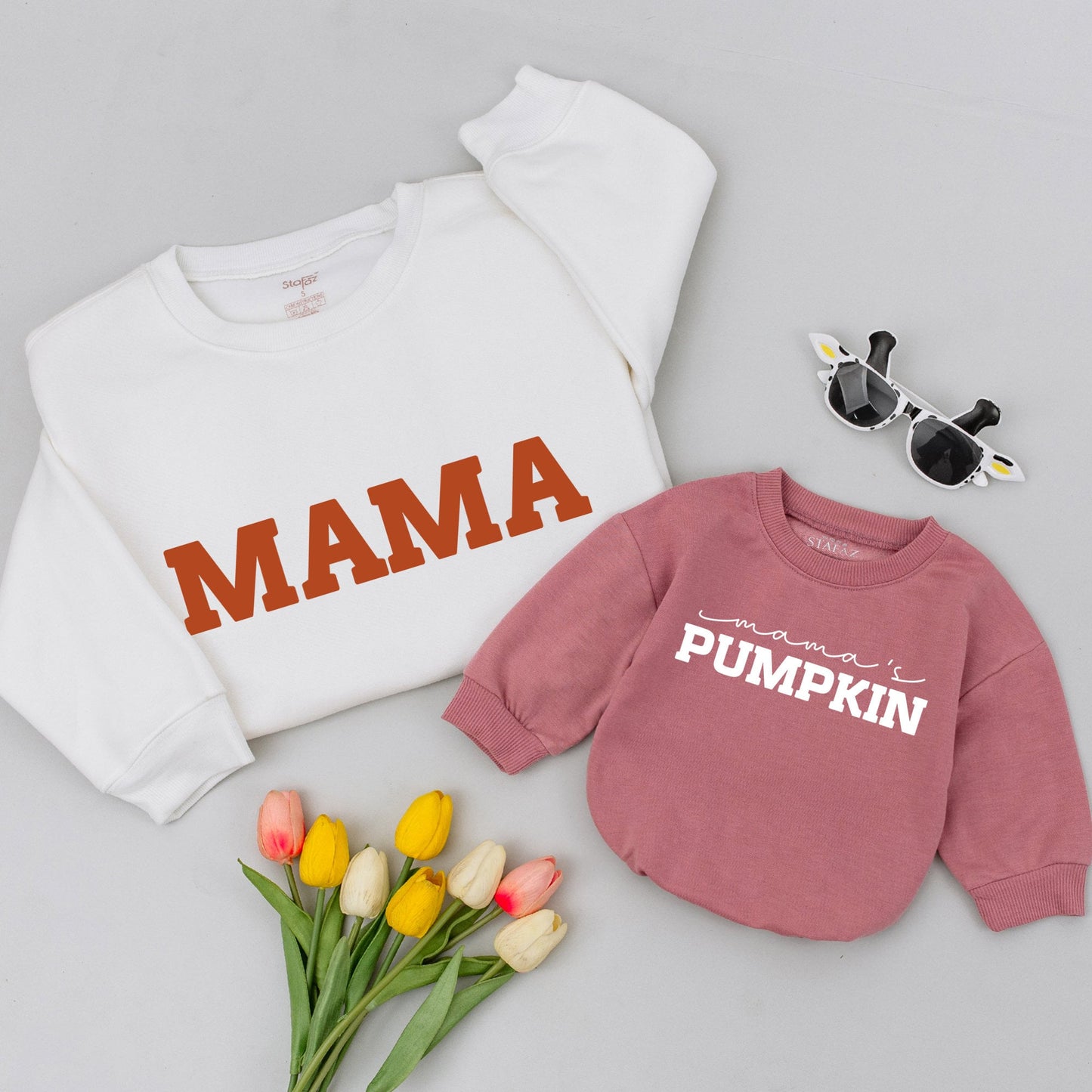 Mama & Mama's Pumpkin Matching Fall Sweatshirts for Mommy and Me, Thanksgiving Family Outfit, Cute Mom and Baby Sweaters, Simple Modern Design (138 chars)