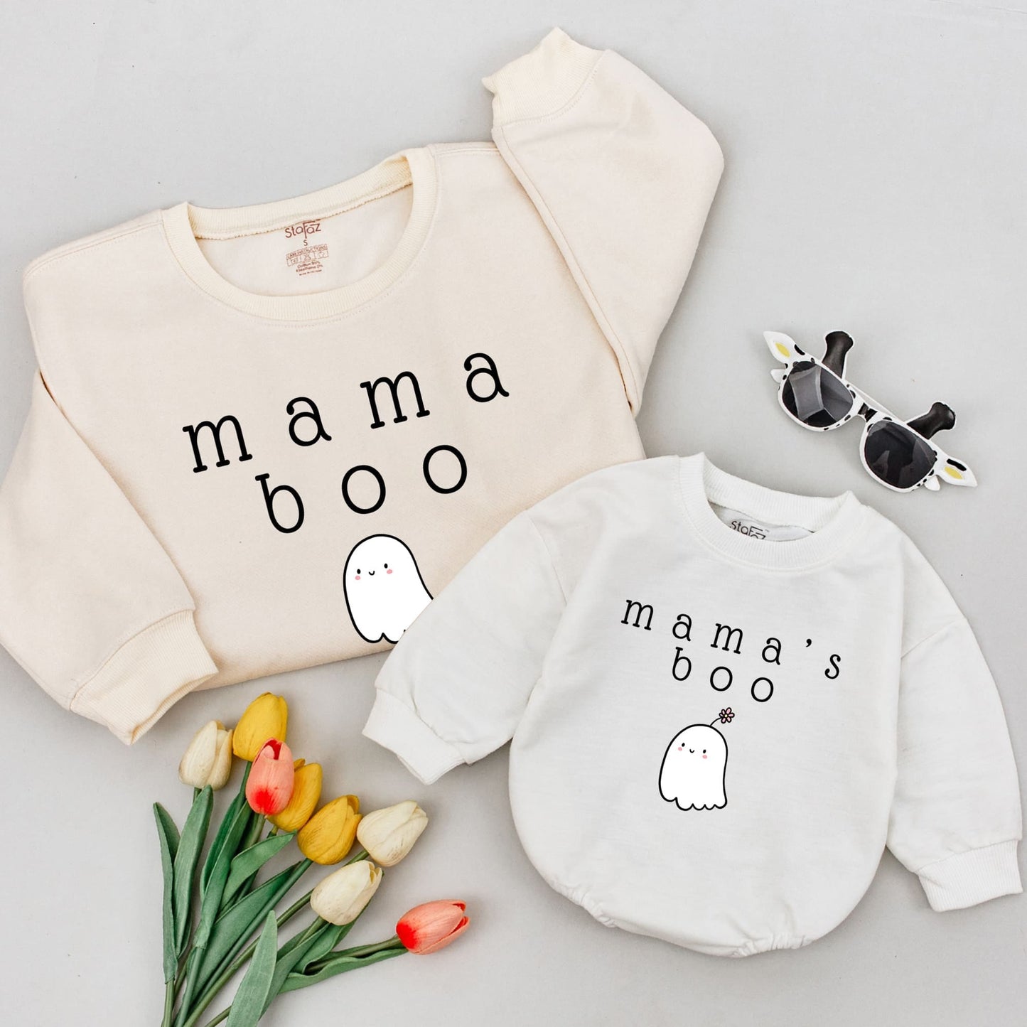 Mama's Boo Ghost Matching Family Sweatshirts, Cute Halloween Sweaters, Mommy and Me Outfits, Playful Fall Mom Baby Shirts, Flower Detail 138 chars