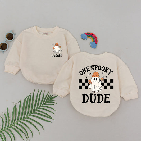 One Spooky Dude First Halloween Romper for Baby Boys! Cartoon Ghost with Beanie & Candy, Checkered Flag, Stars & Bats Design - Baby Shower Gift Outfit