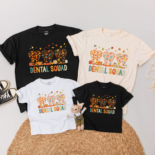 Fall Dental Squad Matching Shirts: Happy Thanksgiving Dentist Outfit, Autumn Leaves, Pumpkins & Smiles - Family Dental Crew Tee for Hygienist Gifts