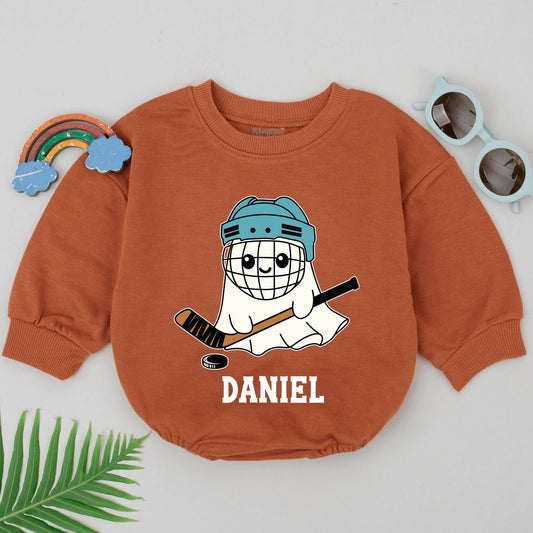 Personalized Boo Game Day Romper with Ghost Hockey Design & Daniel Name Baby Bodysuit for First Halloween or Sports Fan Newborn Boy Outfits