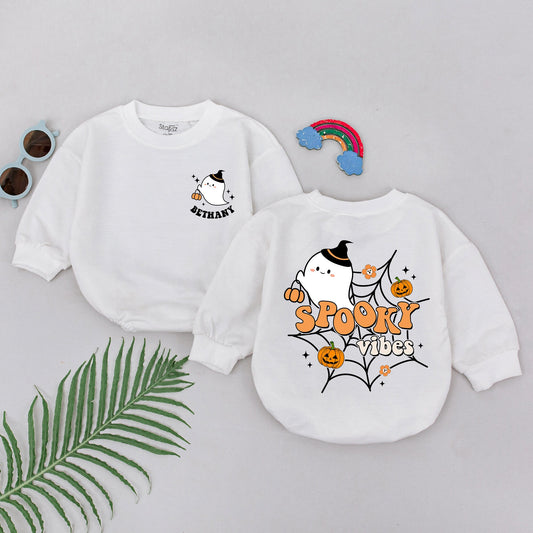 Personalized Spooky Vibes Baby Romper First Halloween Cute Ghost Witch Hat Jack-o-lanterns Orange Black Retro Fall Outfit Newborn Girl Boy Gift
