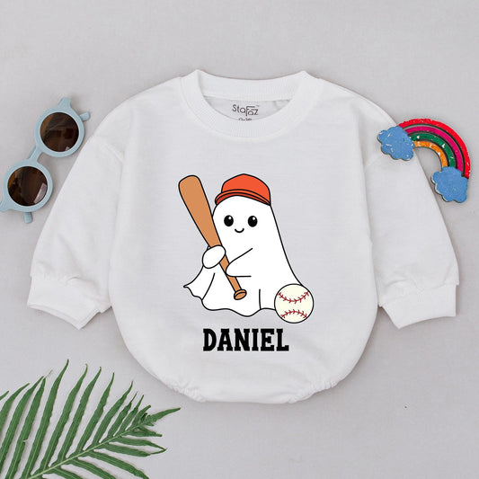 Personalized Baby Boy Ghost Baseball Romper Halloween Game Day Outfit Custom Name Cartoon Bat First Halloween Bodysuit Newborn Gift