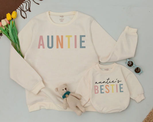 Auntie Bestie Matching Sweatshirts Playful Pastel Block Cursive Print Aunt Niece Nephew Gift First Time Auntie Me Family Outfit Mothers Day