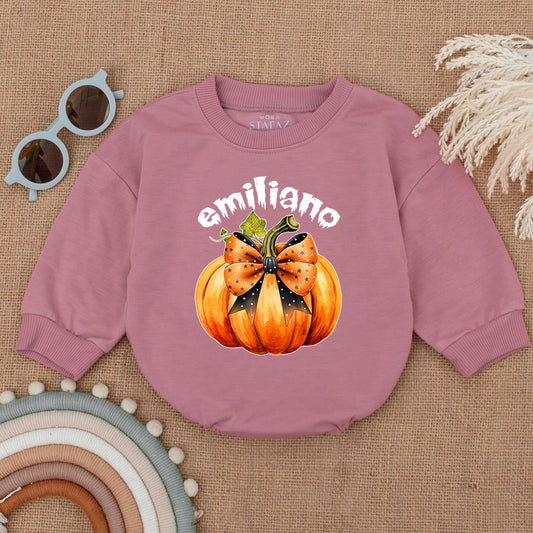 Emiliano Pumpkin Halloween Romper Baby Girl Outfit My First Halloween Star Ribbon Whimsical Bodysuit Costume, Orange Baby Clothes 1st Outfit