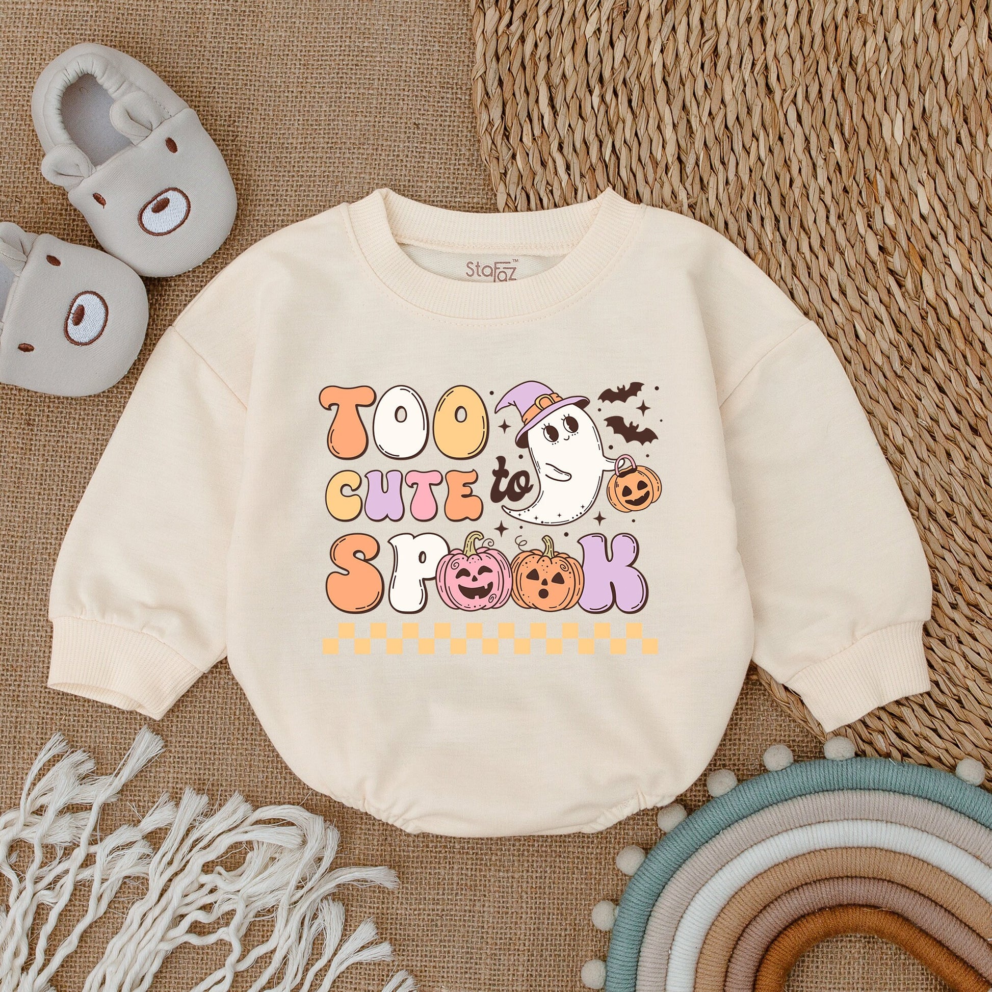 Too Cute To Spook Baby Girl Halloween Romper Retro Ghost Jack-o-Lantern Bodysuit pastel orange yellow white design comfy Fall First Halloween outfit infant gift