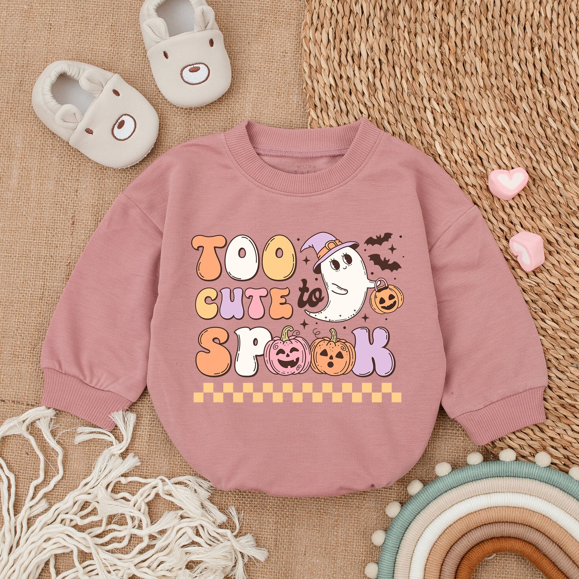Too Cute To Spook Baby Girl Halloween Romper Retro Ghost Jack-o-Lantern Bodysuit pastel orange yellow white design comfy Fall First Halloween outfit infant gift