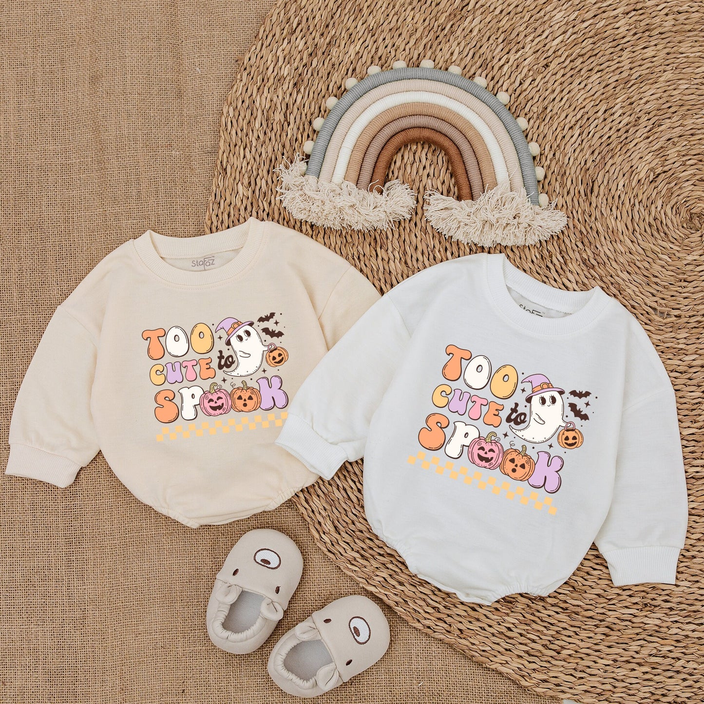 Too Cute To Spook Baby Girl Halloween Romper Retro Ghost Jack-o-Lantern Bodysuit pastel orange yellow white design comfy Fall First Halloween outfit infant gift