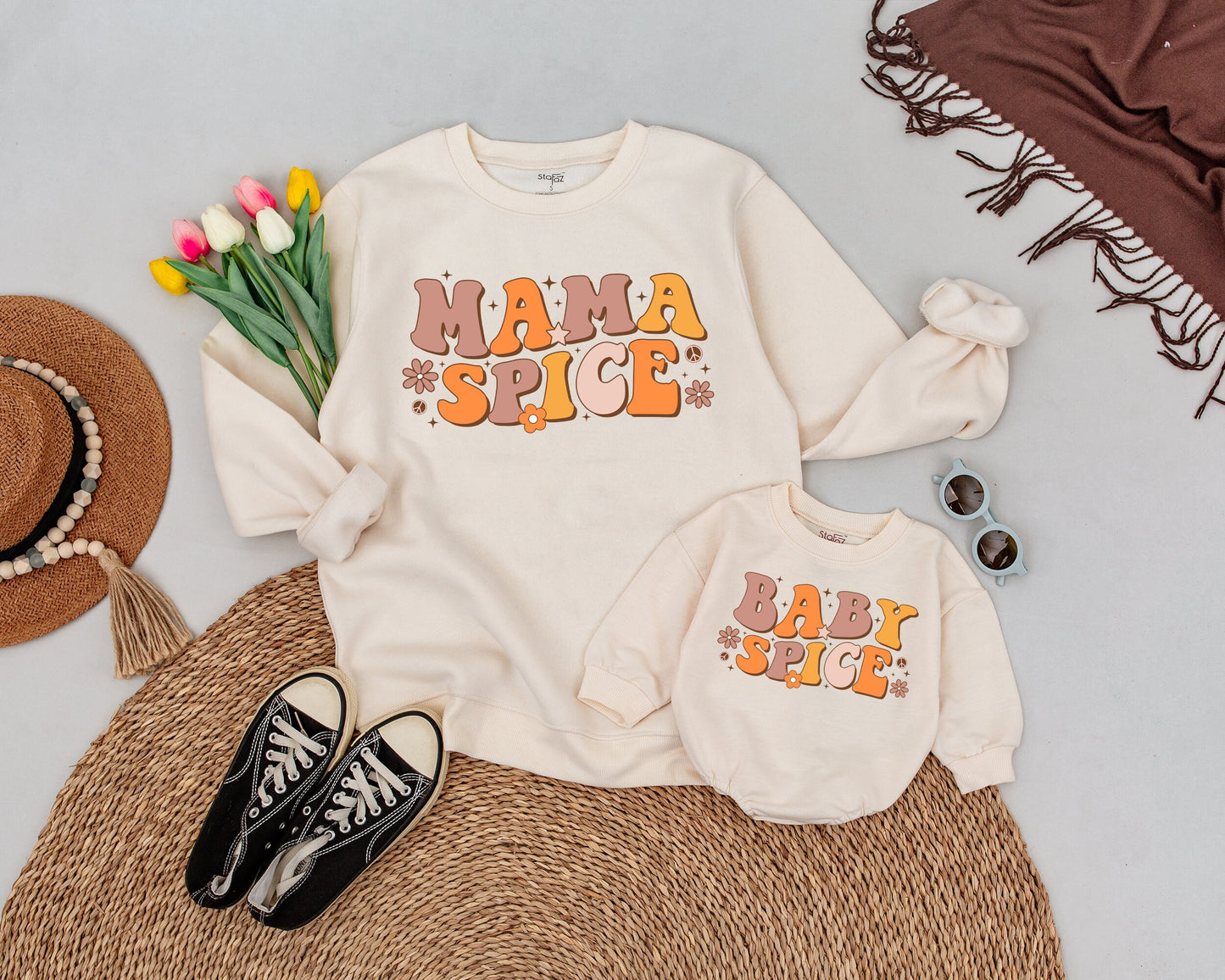 Mama and Baby Pumpkin Spice Sweatshirts Cozy Fall Family Matching Outfits Vintage Vibes Mom and Me Sweaters for Autumn Season Gift