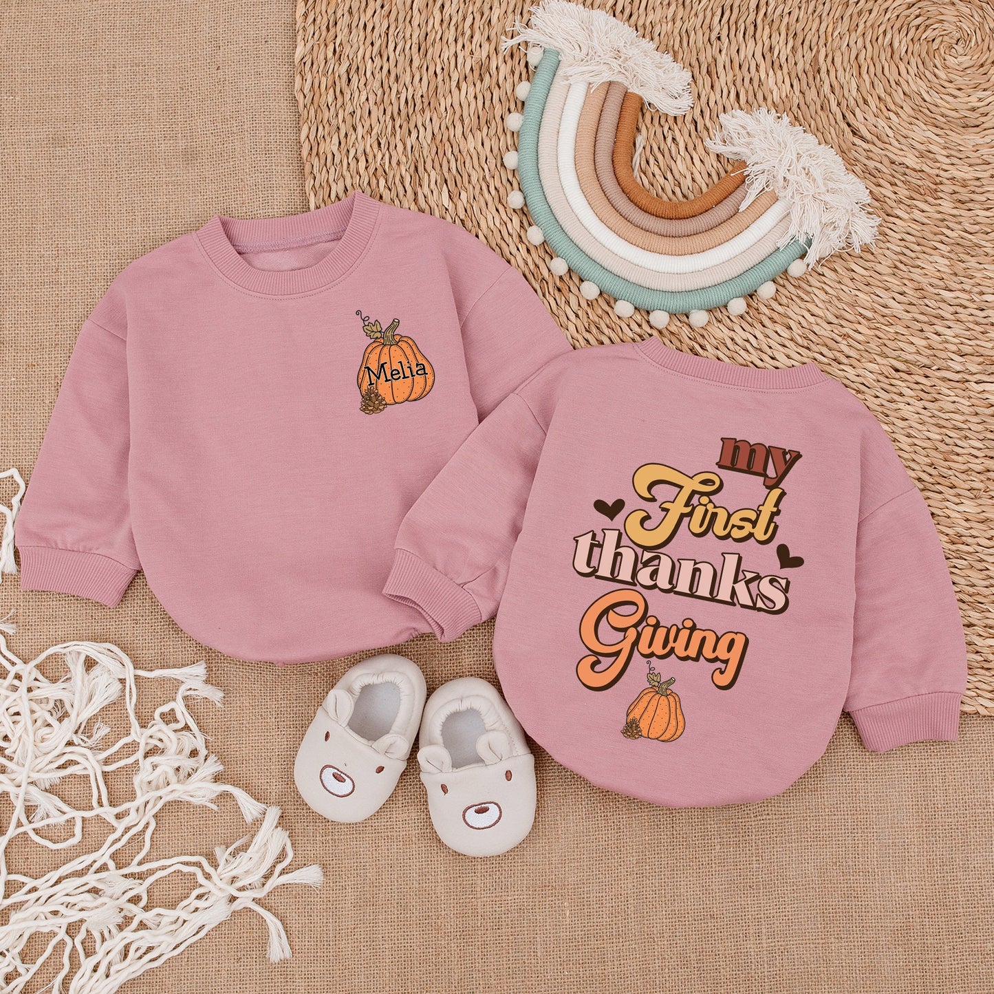Baby's First Thanksgiving Outfit | Groovy Fall Romper with Pumpkin & 'My First Thanksgiving' Text Baby Girl Clothes Vintage Style
