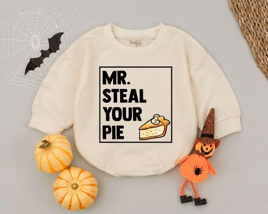 Mr. Steal Your Pie First Thanksgiving Baby Romper Fun Fall Season Toddler Outfit Funny Orange Pie Design Infant Boy Girl Bodysuit