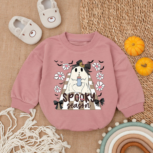 Cute Baby Boo Spooky Season Romper Ghost First Thanksgiving Outfit Fall Infant Bodysuit with Bottle Bow and Bat Details for Baby Shower Gift