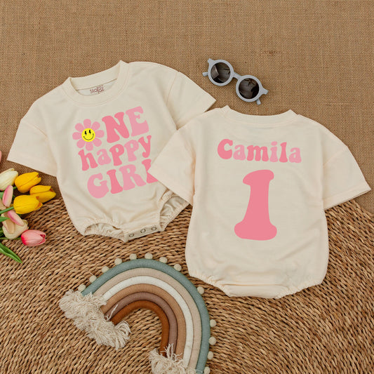 Custom One Happy Girl Romper Smiley Face Daisy Birthday Outfit for Baby Girls Smash Cake Outfit Baby Shower Gift Groovy Retro Style