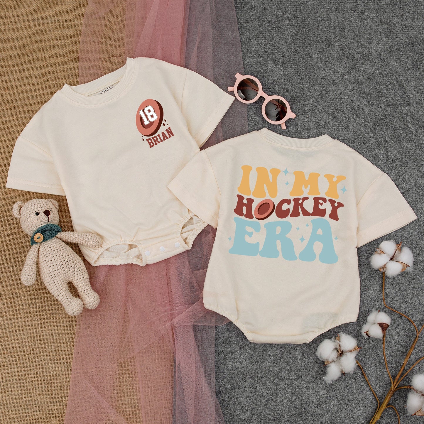 Custom In My Hockey Era Baby Romper Personalized Name 18 Puck Design Future Hockey Player Outfit Short Sleeve Funny Newborn Game Day Fan
