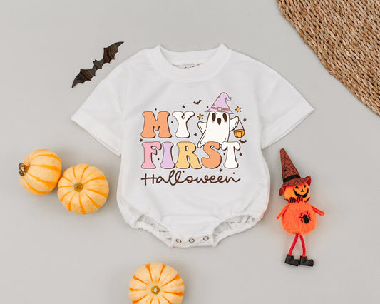 My First Halloween Baby Romper Retro Ghost Outfit Playful Infant Boys Girls Autumn Clothes Vintage Trick-or-Treat Design Orange Yellow Pink White