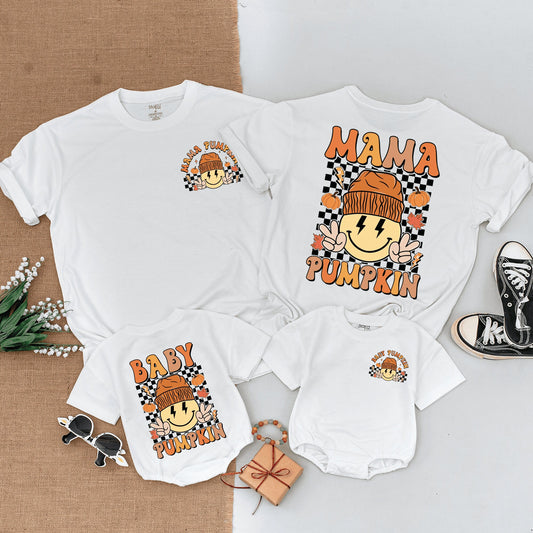 Mama and Mini Pumpkin Patch Shirts Matching Family Fall Outfits Cozy Smiley Face Retro Design Baby Bodysuit Autumn Vibes Soft Cotton Matching Set (138 chars)