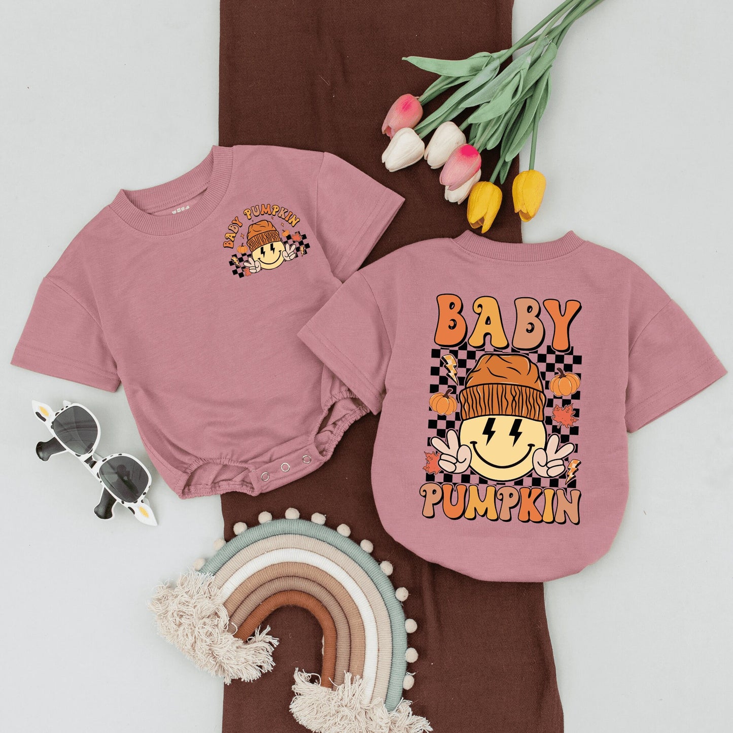 Mama and Mini Pumpkin Patch Shirts Matching Family Fall Outfits Cozy Smiley Face Retro Design Baby Bodysuit Autumn Vibes Soft Cotton Matching Set (138 chars)