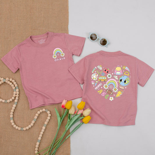 Personalized Back to School Shirt for Kids: Rainbow & Floral Design + Custom Name, 1st & 2nd Grade Elementary School Tee