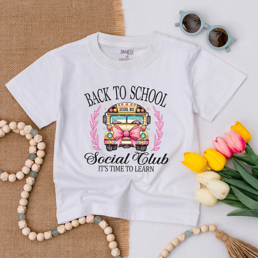 Back To School Social Club Shirt Whimsical School Bus Pink Bow First Day Elementary Kindergarten Toddler PreK Learning Stars Leaves "School Bus"