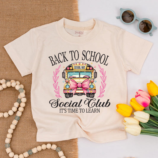 Back To School Social Club Shirt Whimsical School Bus Pink Bow First Day Elementary Kindergarten Toddler PreK Learning Stars Leaves "School Bus"