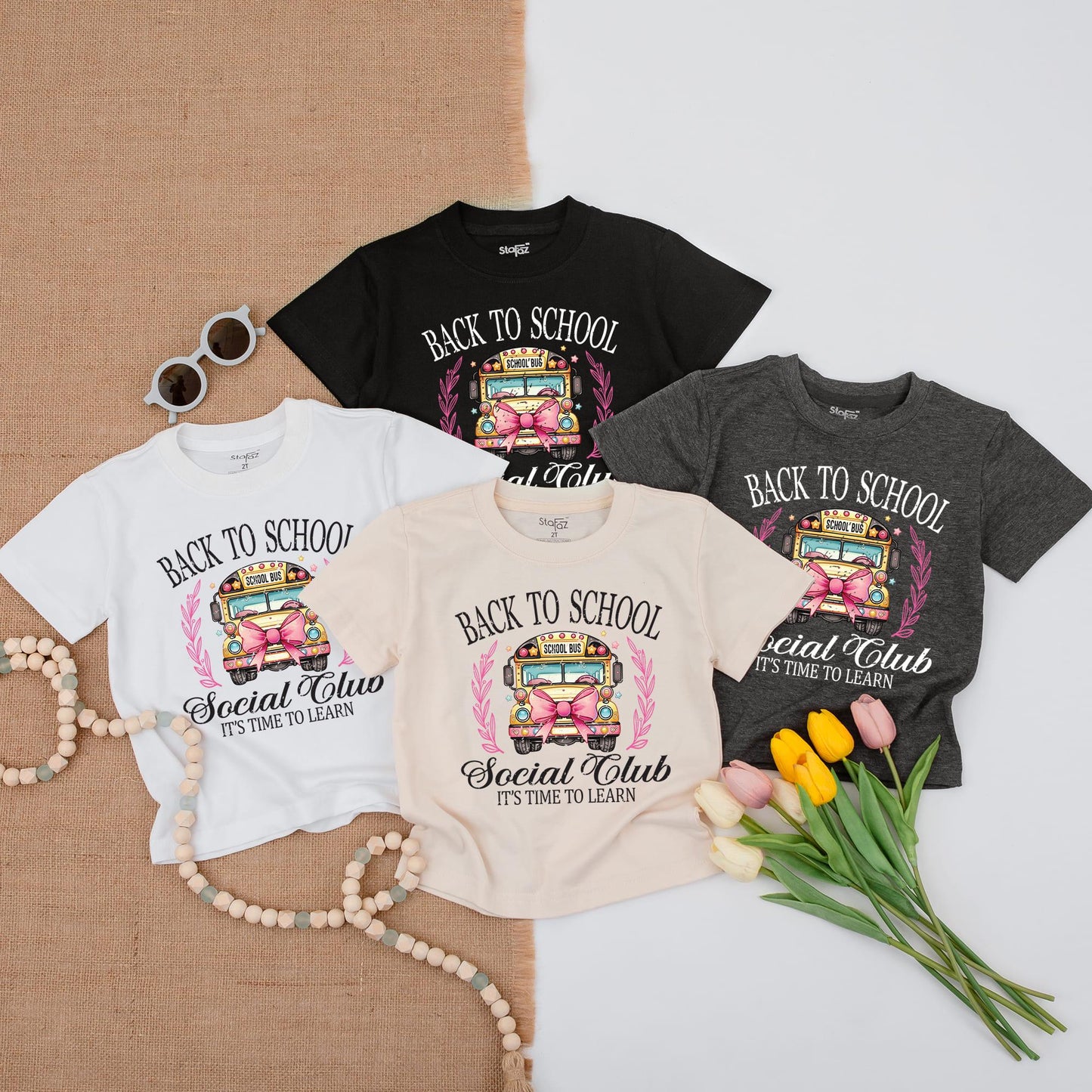 Back To School Social Club Shirt Whimsical School Bus Pink Bow First Day Elementary Kindergarten Toddler PreK Learning Stars Leaves "School Bus"